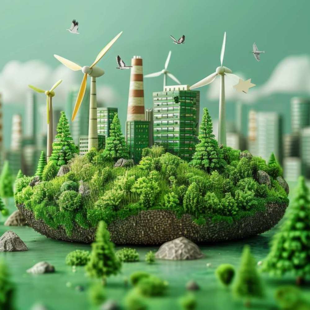 Sustainable practices for carbon reduction of factories. Renewable energy. Wind and solar power for sustainable energy. Sustainable transportation. Green energy. Carbon offsets, Generative AI